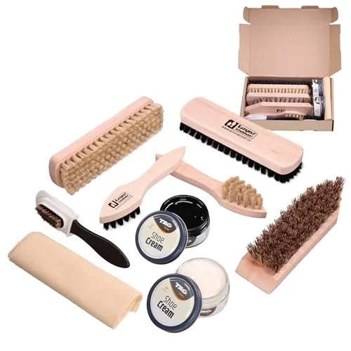 Langlauf Schuhbedarf Schuhputzset II 9tlg - Schuhpflege für alle Lederarten - Schuhputzsets: Komplettes 9-teiliges Set für die effektive Pflege von Wildleder, Rauleder und Leder. Enthält Bürsten, Poliertuch und Traditionsschuhcreme für perfekten Glanz und langlebige Schuhe.
