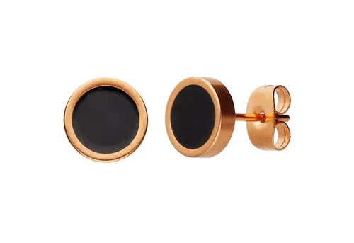 LÖB Ohrstecker Edelstahl 750er Roségold Vergoldet Schwarz Rund 8mm, Damen Ohrringe Kreis Platte Flach Stecker Modern Minimalistisch Geometrisch Rose Gold Schmuck