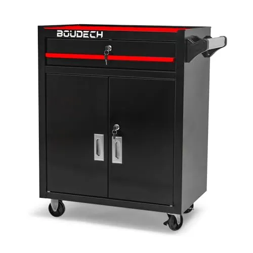 BOUDECH Buddy Werkstattwagen mit Schublade und Schloss, 2 Türen, Garagenschrank mit selbstsichernden Rädern, Arbeitsfläche mit Antirutschmatte