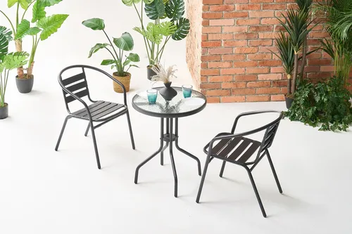 2+1 Stühle Glastisch Bistro Gartenset Gartenmöbel Schwarz 60x70 cm, Metall