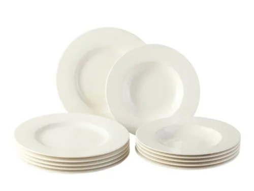 vivo Villeroy & Boch Basic White Tafelservice 12tlg. Premium Porcelain - 12-teiliges Tafelservice mit 6 Speisetellern und 6 Suppentellern, ideal für den Alltag. Charmante Einfachheit trifft auf hervorragendes Preis-Leistungs-Verhältnis von Vivo, der Tochtermarke von Villeroy & Boch.