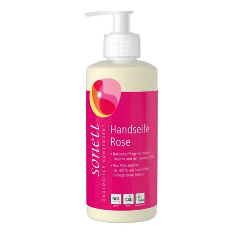 Sonett Handseife Rose 300 ml - Handseife aus 100% biologischen Ölen, mild und pflegend für Hände und Körper. Ideal für Betriebe und soziale Einrichtungen, um Hygiene nachhaltig zu gewährleisten.