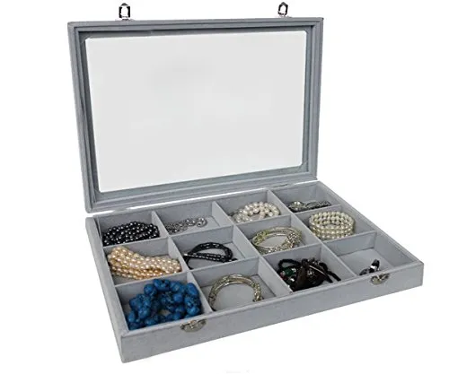Schaukasten Schmuckkasten Schmucklade Schmuckdisplay Glasdeckel grau (12 Fächer)