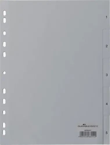 DURABLE Aktenordner Register A4 1-5 PP grau - Ordner für DIN A4 mit 5 geprägten Registern, langlebig aus PP und ideal zur optimalen Organisation von Dokumenten.