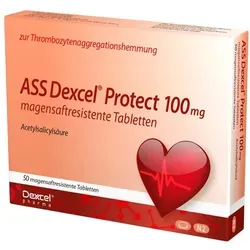 ASS Dexcel Protect 100mg - Blutgerinnungsschutz - Arzneimittel zur Thrombozytenaggregationshemmung, ideal zur Vorbeugung von Herzinfarkten und TIA. Schützt Ihr Herz bei instabiler Angina pectoris und nach chirurgischen Eingriffen.