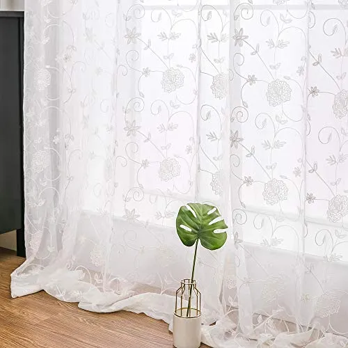 MIULEE Vorhänge mit Blumen Stickerei Muster, Gardinen Weiß für Wohnzimmer, Schlafzimmer Vorhang Transparent mit Ösen, 2er Set Voile Durchsichtig Vorhänge, Jeder H 225 X B 140cm