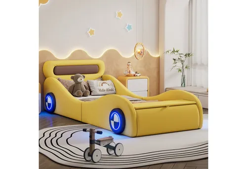 Modfu Kinderbett in Gelb – Autobett für Kinderzimmer 90x200 cm - Spielerisches Autobett für kleine Autofans: Mit leuchtenden Lichträdern und komfortabler Polsterung sorgt es für ein sicheres Schlafumfeld. Pflegeleicht und einfach montierbar – ideal für jedes Kinder- und Jugendzimmer.