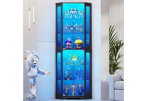 BROTTAR LED-Eckvitrine mit Bewegungssensor – 6 Ebenen, dimmbar, 3 Lichtfarben, grifflose Glastüren, Schwarz