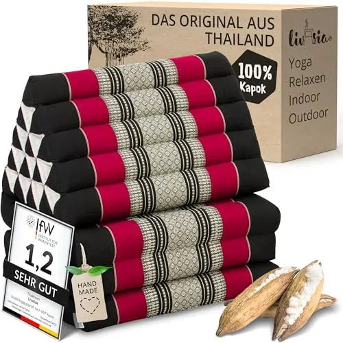 livasia Thaikissen 3 Auflagen extrahoch - 185x55x8cm - Faltbares Dreieckskissen für Entspannung - Komfortables Thaikissen mit extrahohen Auflagen für optimale Rückenstütze. Ideal für Meditation, Yoga oder im Freien. Handgefertigt aus nachhaltigen Materialien – perfekt für entspannte Momente.