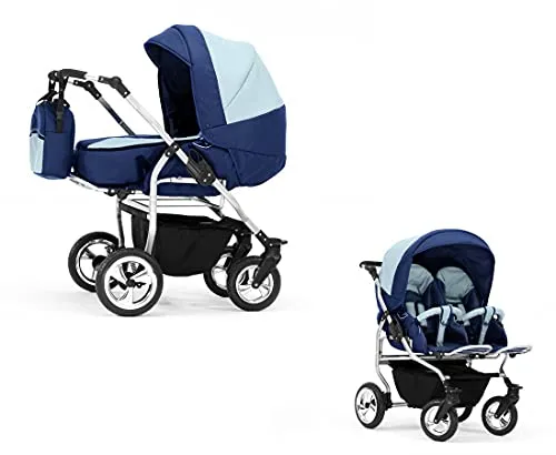 Elcar Zwillingskinderwagen 2 in 1 Duo Twin inkl. Sportsitze - 11 Teile - in Dunkelblau-Hellblau
