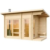 FinnTherm Saunahaus Lizzy M – Naturbelassenes Holz-Saunahaus - Geräumiges Saunahaus mit Pultdach, ideal für 3 Personen. Inklusive überdachter Terrasse und 2 Sitzbänken, perfekt für entspannende Stunden im Freien.