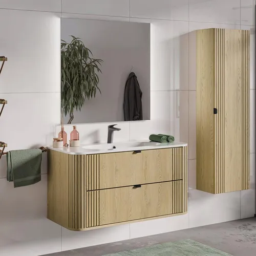 Badmöbel-Set 3-teilig OLIVA-56 mit Waschtisch 100 cm, LED Spiegel & Hochschrank - Elegantes Badmöbel-Set 3-teilig in Eiche-Nachbildung mit markanten Rillen. Der 100 cm Waschtisch bietet viel Stauraum und das LED Licht sorgt für optimale Ausleuchtung. Perfekt für eine stilvolle Badgestaltung!