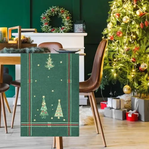 DecoHomeTextil Leinen Optik Christmas Tischdecke Dunkelgrün Quadratisch 85 x 85 cm wasserabweisend, Weihnachten, Tanne, X-Mas