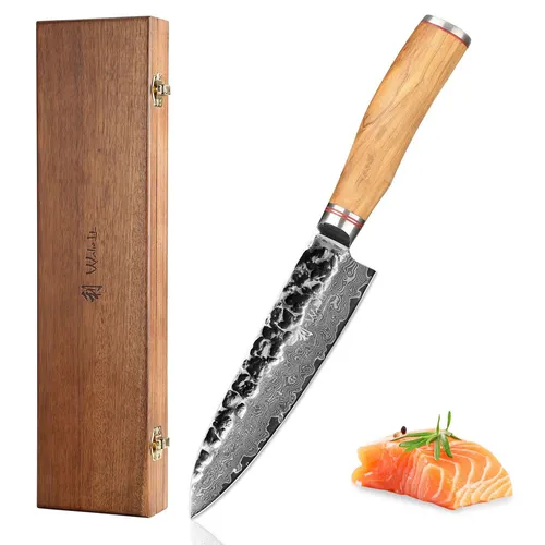 Wakoli Damast Santokumesser - Oliven Serie mit VG-10 Kern - Küchenmesser aus hochwertigem Damaststahl mit Olivenholzgriff, ideal zum Schneiden von Fleisch, Gemüse und Fisch. Handwäsche empfohlen für langlebige Schärfe.