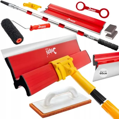 DELPHI Set 60cm Flächenspachtel Edelstahl mit Teleskopstange - Vielseitiges Glätt-Set für Renovierungsarbeiten. Enthält Spachtel, Teleskopstange und Glättwalze für perfekte Ergebnisse und effizientes Arbeiten an hohen Stellen.