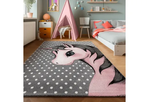 SIMPEX Teppich Kinderzimmer Einhorn-Design Kurzflor Kinderteppich mädchen Spielteppich Modern Design Babyzimmer Teppiche für Junge und Mädchen Extra Weich und Antiallergen 80 x 150 cm