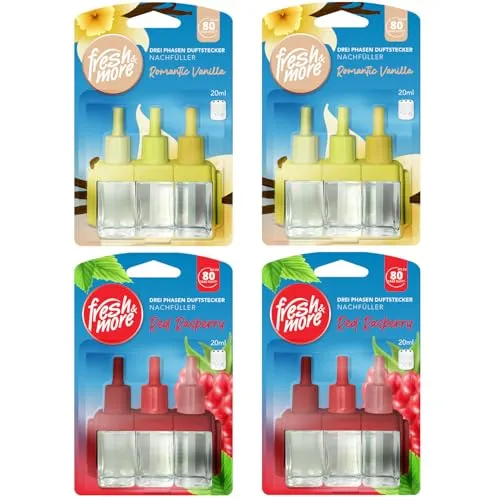 Fresh & More Nachfüllflakons 4er Pack je 20 ml Romantic Vanilla, Red Raspberry - Kompatibel mit Febreze & Ambi Pur 3Volution Duftstecker - Raumduft Nachfüller mit langanhaltender Frische