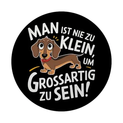 Fröhlicher Dackel - Großartig Sein Magnet mit Flaschenöffner Magnet mit Flaschenöffner im runden Design mit deutschem Text fröhlicher Dackel mit rotem Halsband auf schwarzem