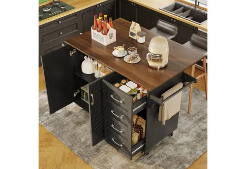 Flieks Küchenwagen Kücheninsel mit erweiterbare Arbeitsplatte Tiefe 46-71cm, (1 St), Servierwagen mit Schubladen, verstellbaren Regalen und Rollen
