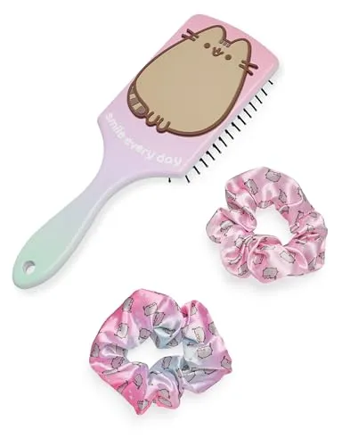 Pusheen Haarbürste und Haargummi-Set für Damen | Bommel- und Paddelbürste mit Allover-Print für Erwachsene und 3D-Katze | Mehrfarbige Entwirrungskissenbürste und Haarband