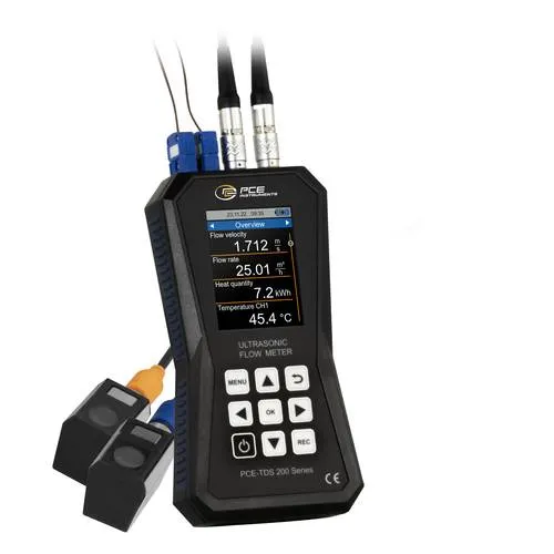 PCE Instruments Ultraschall-Durchflussmessgerät PCE-TDS 200+ - Füllstandssensoren, Durchflussmessgeräte - Präzises Ultraschallmessgerät mit einer Genauigkeit von ±1,5 % und einem Messbereich von ±32 m/s für optimale Temperatur- und Wärmeleistungsmessung.