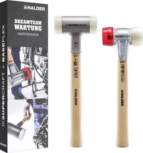 HALDER Aktionsbox Dreamteam Wartung Nr. 3366s001 SUPERCRAFT+BASEPLEX Schonhammer - Hämmer für Metall- und Blechbearbeitung, inklusive rückschlagfreien SUPERCRAFT-Schonhammer für gelenkschonende, kraftvolle Schläge und BASEPLEX-Schonhammer mit austauschbaren Schlageinsätzen.