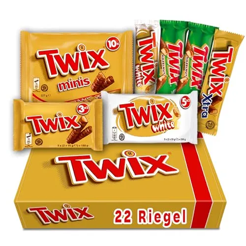 TWIX Fan-Box I Schokoriegel Mix-Box I Neuer Inhalt I 7 Packungen I 22 Riegel I 6 Sorten I 820g I White I Haselnussl I Original Schokolade I Xtra I Minis