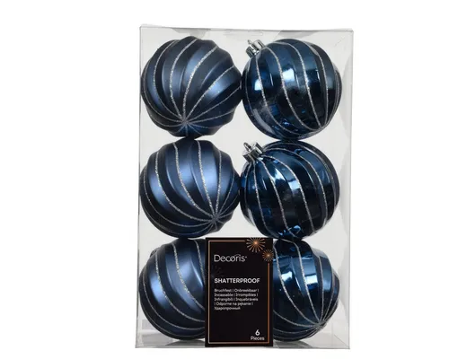 Kaemingk Weihnachtsbaumkugel, Weihnachtskugeln Kunststoff 8cm mit Wellen 6 Stück - Nachtblau