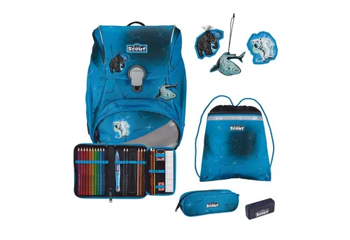 Scout Schulranzen Alpha Set 4-teilig - Schulranzen mit LED-Beleuchtung für Sicherheit im Dunkeln, inklusive Federmäppchen und Sportbeutel, ergonomisch und anpassbar für wachsende Kinder.