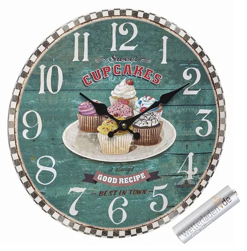 Analoge Wanduhr Vintage TFA 60.3045 große Quarzuhr 337 mm Retro Motiv Holzoptik : 60.3045.13 Cupcakes : mit Batterie