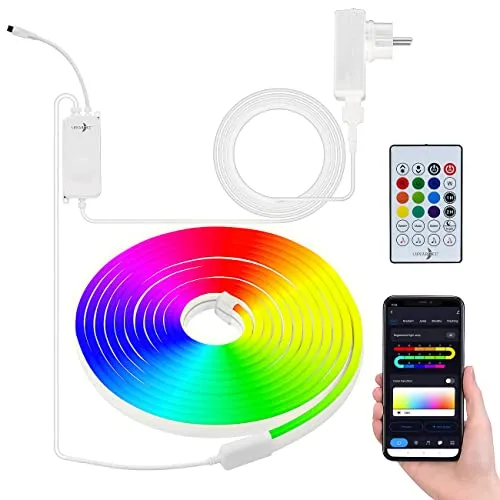 Produktbild Lunartec LED Schlauch RGB: WLAN-Neon-Schlauch mit RGBW-IC-LEDs, App, Sprachsteuerung, IP65, 5 m (Glaskantenbeleuchtung, RGBW Streifen, Glasbodenbeleuchtung)