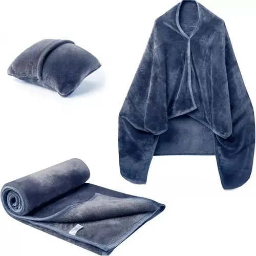 Dasellfa Reisedecke Decken Reisekisen, Camping Auto Flugzeug Gadgets Decke, Srandkissen, $chulterwaRmer, Poncho Mit KnoPfen Kissen Decke 3In 1.FüR Frauen, Manner Und Kinder (Blue)