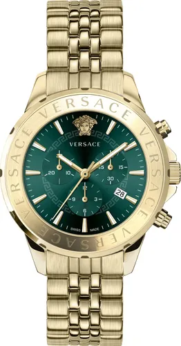 Versace Schweizer Uhr Signature - Luxuriöse Schweizer Quarz-Uhr mit goldfarbenem Edelstahl-Gehäuse und grünem Zifferblatt, wasserdicht bis 5 bar – ein stilvolles Accessoire für jeden Anlass.