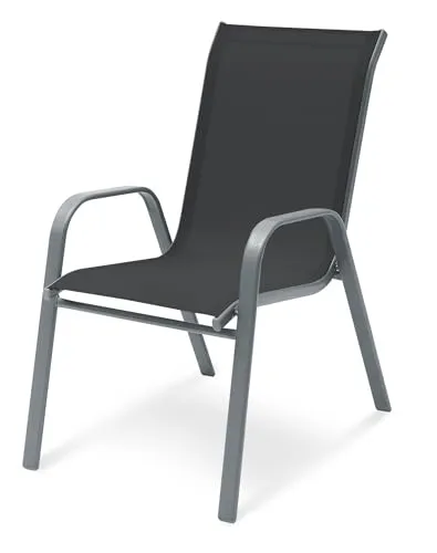 MAT-COMPANY Gartenstuhl Stapelstuhl Hochlehner Schwarz Stahlgestell pulverbeschichtet Textilene Sitzfläche mit Armlehnen stapelbarer Outdoorstuhl für Garten Terrasse Balkon Wintergarten