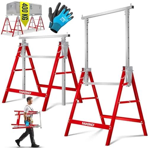 MASKO® Teleskop-Arbeitsbock Untergestell - Werkstatteinrichtung mit max. Belastbarkeit von 200 kg, höhenverstellbar von 800-1300 mm, ideal für vielseitige Anwendungen und inklusive Handschuhe für optimalen Schutz.
