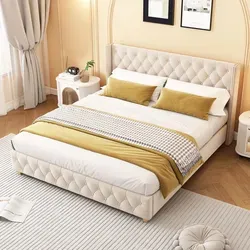okwish Polsterbett Doppelbett 160×200cm mit Lattenrost und Kopfteil,Jugendbett mit Knopfpolsterung, Nietenpolsterung, Samt, Hellbeige,Mit Matratze - Beige