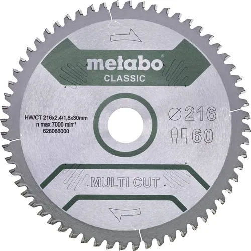 METABO 628666000 - Multi Cut Classic Sägeblatt 254x30 mm - Zubehör für Elektrowerkzeuge, ideal für präzise Schnitte mit 60 Zähnen und 5° Negativwinkel für optimale Leistung.
