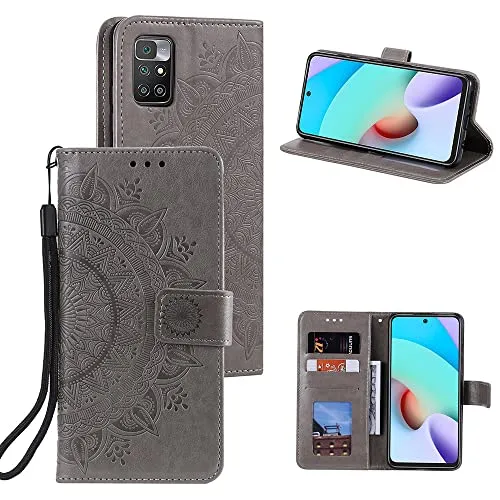 CoverKingz Handytasche kompatibel mit Xiaomi Redmi 10 / Redmi 10 Prime - Handy Case mit Kartenfach Handyhülle - Flipcase klappbar Motiv Mandala Grau