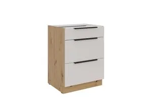Küchen Unterschrank 60 cm SOLANO in Kaschmir beige und Eiche Artisan - Küchenunterschrank 60 cm mit Soft-Close Schubkästen für leises Schließen, ideal für moderne Küchen. Passgenau für das Küchenmodell SOLANO.