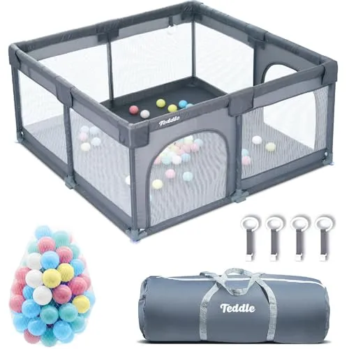 Teddle Laufstall Baby -Laufgitter Baby mit 50x Spielbälle – Playpen für Innen und Draußen (Grau 120x120cm, Ohne Spielmatte)