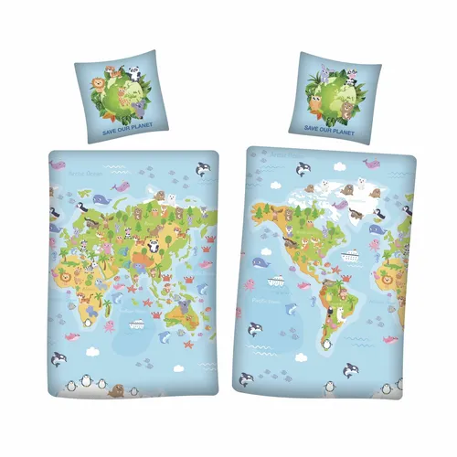 Save our Planet Weltkarte Wende Bettwäsche  80x80 cm + 135x200cm 100% Baumwolle