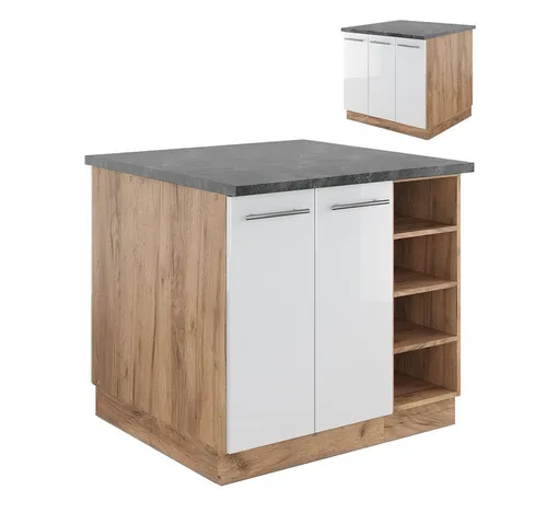 Vicco Unterschrank Fame-Line, Weiß Hochglanz/Goldkraft Eiche, 90 cm - Unterschrank mit hochwertiger MDF-Front und Soft-Close-Scharniere, ideal für stilvolle Kücheninseln. Viel Stauraum und anpassbare Konfiguration für mehr Funktionalität.