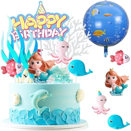 Meerjungfrau Tortendeko Ozean Unterwasser Sea Animals Kuchen Topper Deko Geburtstag Party Babyparty Cake Dekoration Baby Shower Party Supplies (Meerjungfrau Ozean)