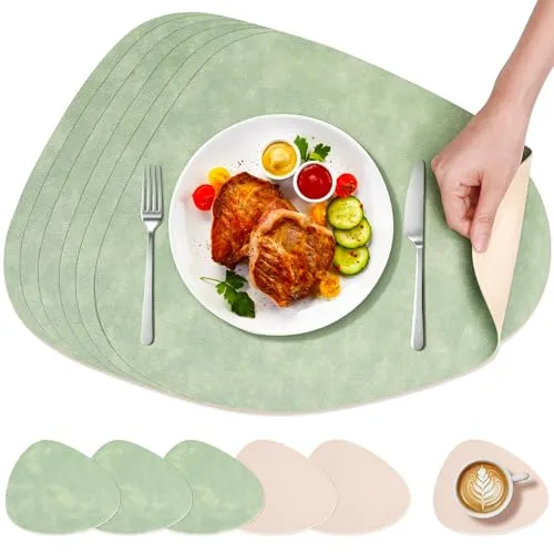WGIDSKKI 6er Set Tischsets Leder und Untersetzer, Platzsets Abwaschbar Doppelseitigen, Hitzebeständig Platzdeckchen Lederoptik Platzset, Tischuntersetzer Tischsets rutschfest (Oval)