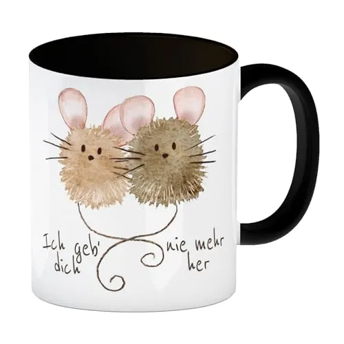 speecheese Mäuse Kaffeebecher in schwarz mit Spruch Ich geb‘ dich nie mehr her Liebevoll Romantisch Ideal für Partner Zum Geburtstag oder Geburt