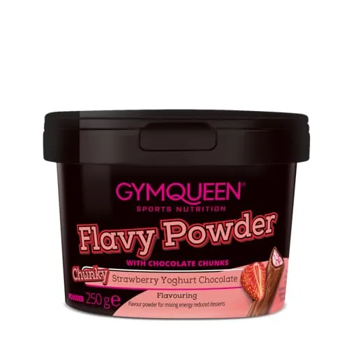 GymQueen Flavy Powder 250g, Geschmackspulver Chunky Erdbeer Joghurt Schoko, kalorienarm, Flavour Powder zum Süßen, Backen und Verfeinern von Lebensmitteln, reich an Ballaststoffen
