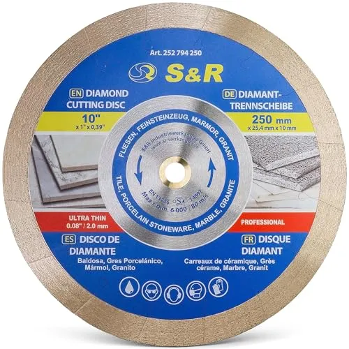 S&R Diamanttrennscheibe 250 mm - Extra dünn für präzises Trennen - Diamant-Trennscheibe mit 250 mm Durchmesser, ideal für sauberes Trennen von Fliesen, Porzellan und Marmor. Extra dünner Schneidrand sorgt für präzise Schnitte ohne Materialverlust.
