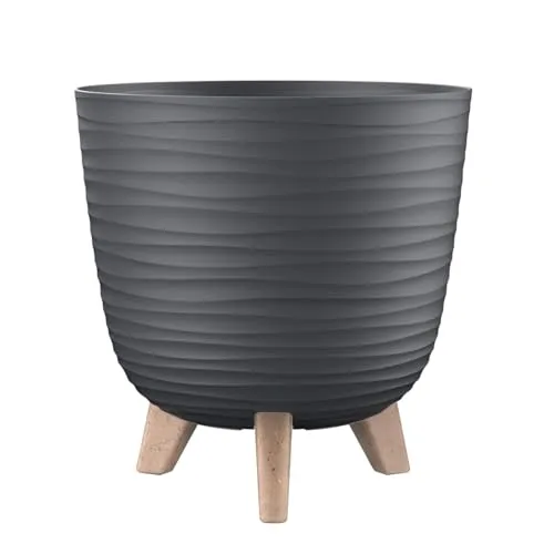 Engelland - 1 x Blumentopf mit Füßen & Bewässerungssystem, Anthrazit, Ø 24 cm, Pflanzkübel, Übertopf, Wellenmuster, Innen- & Außenbereich, Drainagesystem & Wasserspeicher, rund, Kunststoff