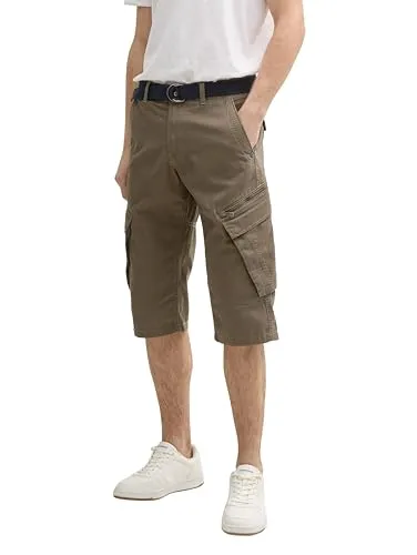 TOM TAILOR Herren Bermuda Shorts 1044708 - 37403-Olive Mesh Print, 32 - Herren-Shorts aus strapazierfähigem Twill-Gewebe mit Reißverschluss-Taschen und zusätzlichem Stoffgürtel. Ideal für Freizeit und Sommeraktivitäten.