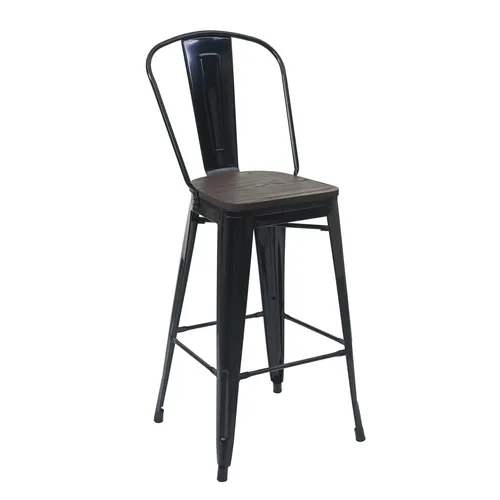 Barhocker HHG-896 mit Holz-Sitzfläche und Lehne, Industriedesign Schwarz